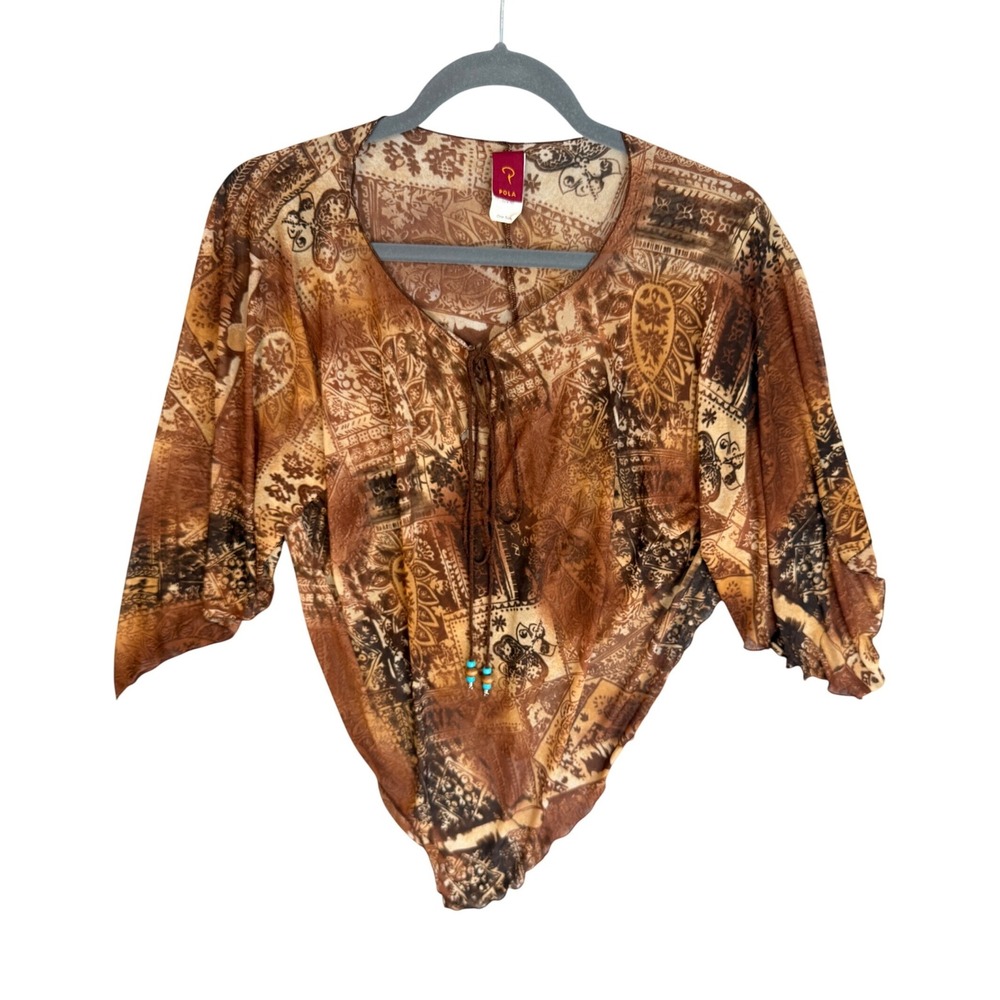 Vintage Sheer Mesh Poncho Top Womens OS Brown Paisley Beaded Boho Fairy Festival